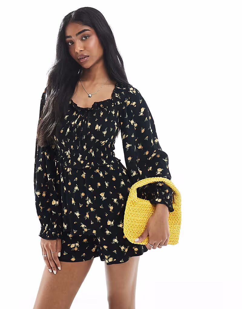 

Мисс Селфридж комбинезон с длинными рукавами и цветочным принтом черного цвета Miss Selfridge