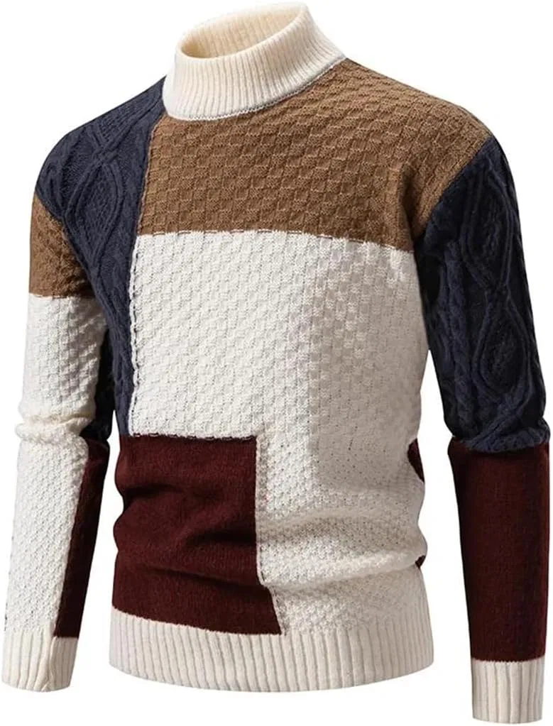 Мужской вязаный свитер с пэчворком Slim Fit, повседневный, с косой вязкой, воротник-стойка, в стиле стритвир Generic, белый — фото 2