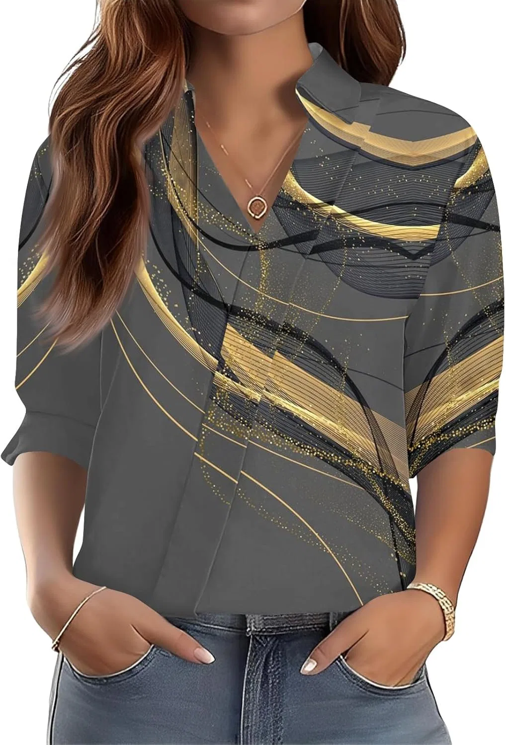 Футболка с V-образным вырезом и принтом, 3/4 рукав, Women's, 1-dark Gray