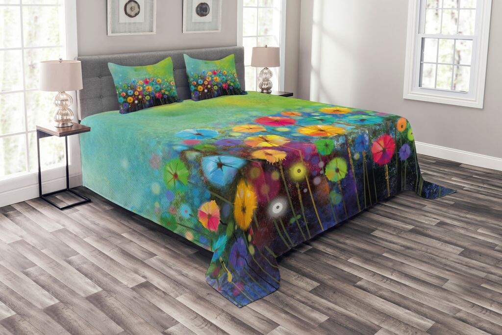 

ABAKUHAUS Комплект покрывала Flower, разноцветные одуванчики, комплект с наволочками, моющийся, для односпальных кроватей, 264 x 220 см, разноцветный