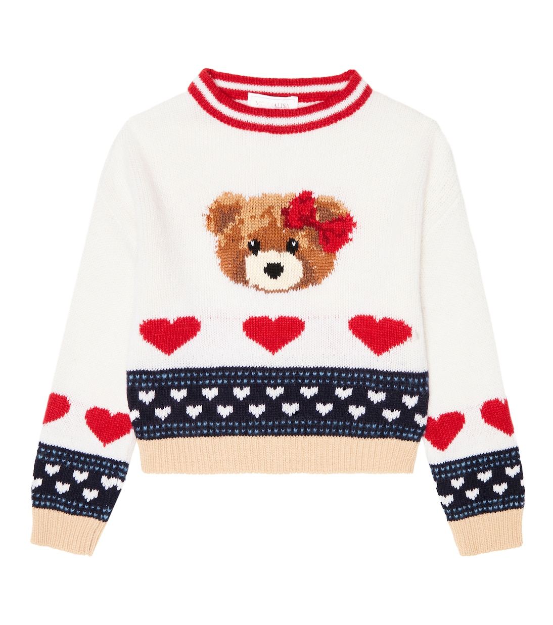 

Шерстяной свитер, связанный интарсией Monnalisa, Ecru Blu