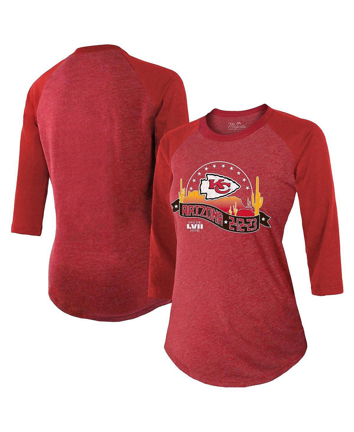 

Женская красная футболка Kansas City Chiefs Super Bowl LVII Desert Tri-Blend реглан с рукавами 3/4 Majestic, красный