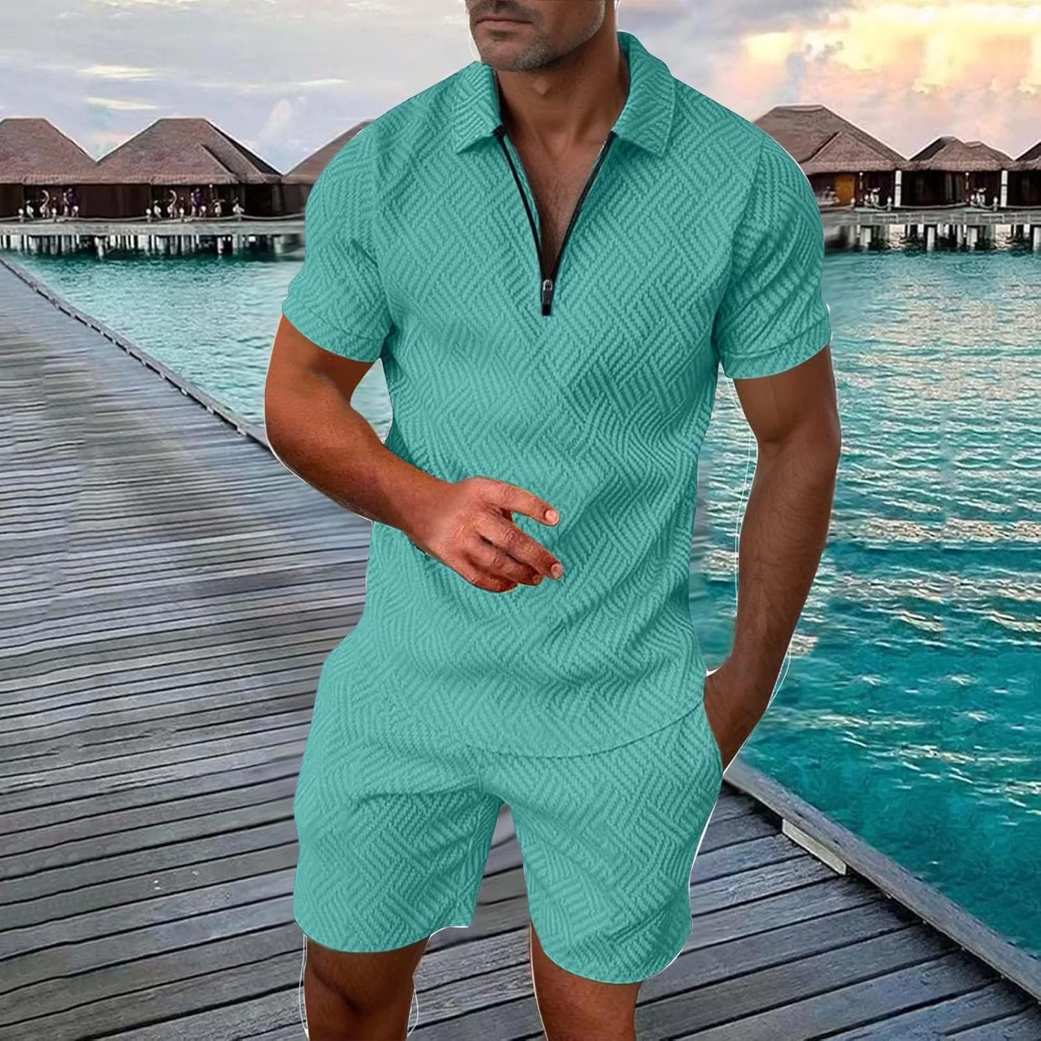 Костюм спортивный мужской с четверть-застежкой и полосками, Mint Green — фото 2