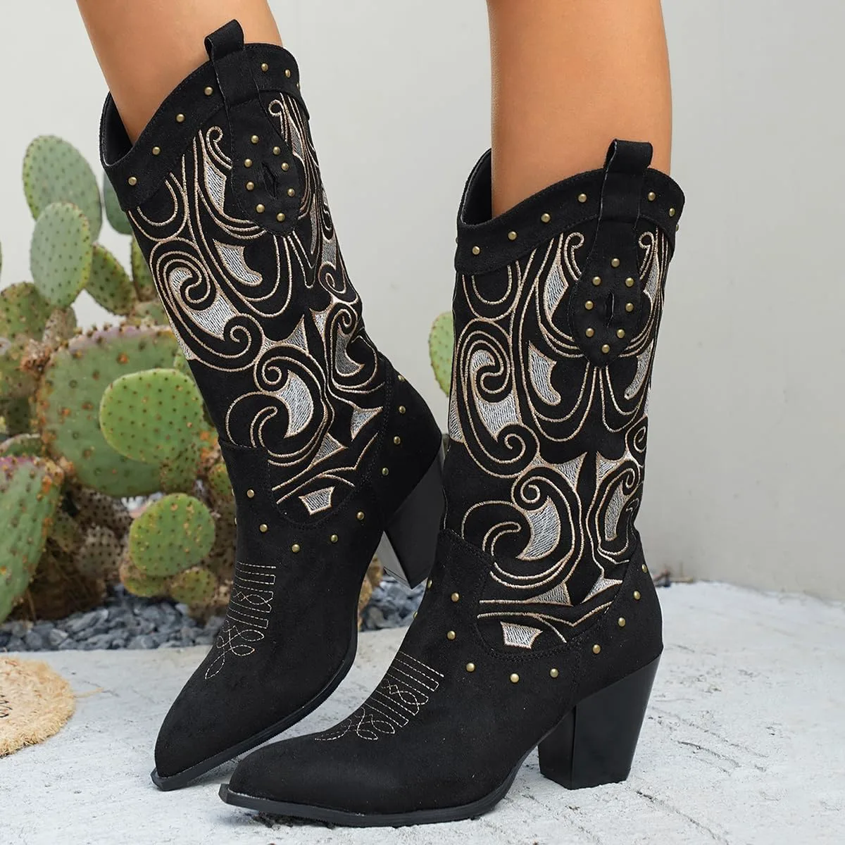 Женские ковбойские сапоги западного стиля, сапоги с вышивкой до середины икры, винтажные с острым носком и квадратным каблуком, обувь на подъем Generic, черный — фото 4