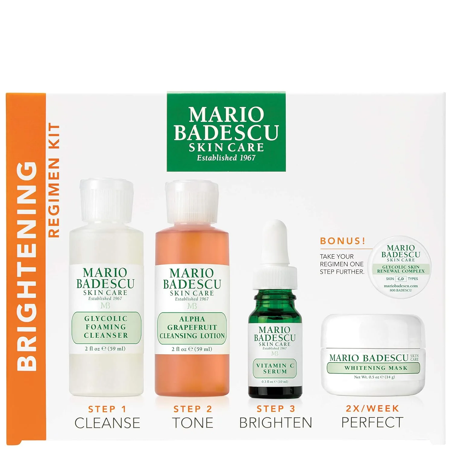 Набор для осветления кожи Mario Badescu, 5 предметов: очищающая пенка с гликолевой кислотой, очищающий лосьон с альфа-глюконатом и грейпфрутом, сыворотка с витамином C, осветляющая маска и комплекс для обновления кожи с гликолевой кислотой Набор...