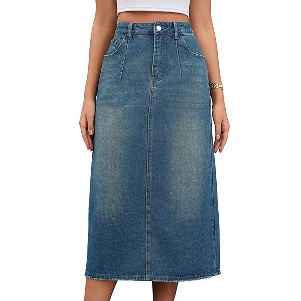 

Женская джинсовая юбка миди stretch high waisted с разрезами на задних карманах Inspire Chic, Retro Blue