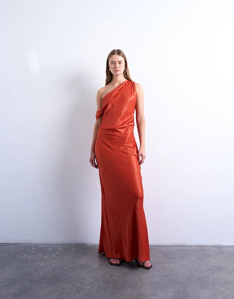 

Платье макси Topshop с драпированным вырезом и открытыми плечами цвета ржавчины