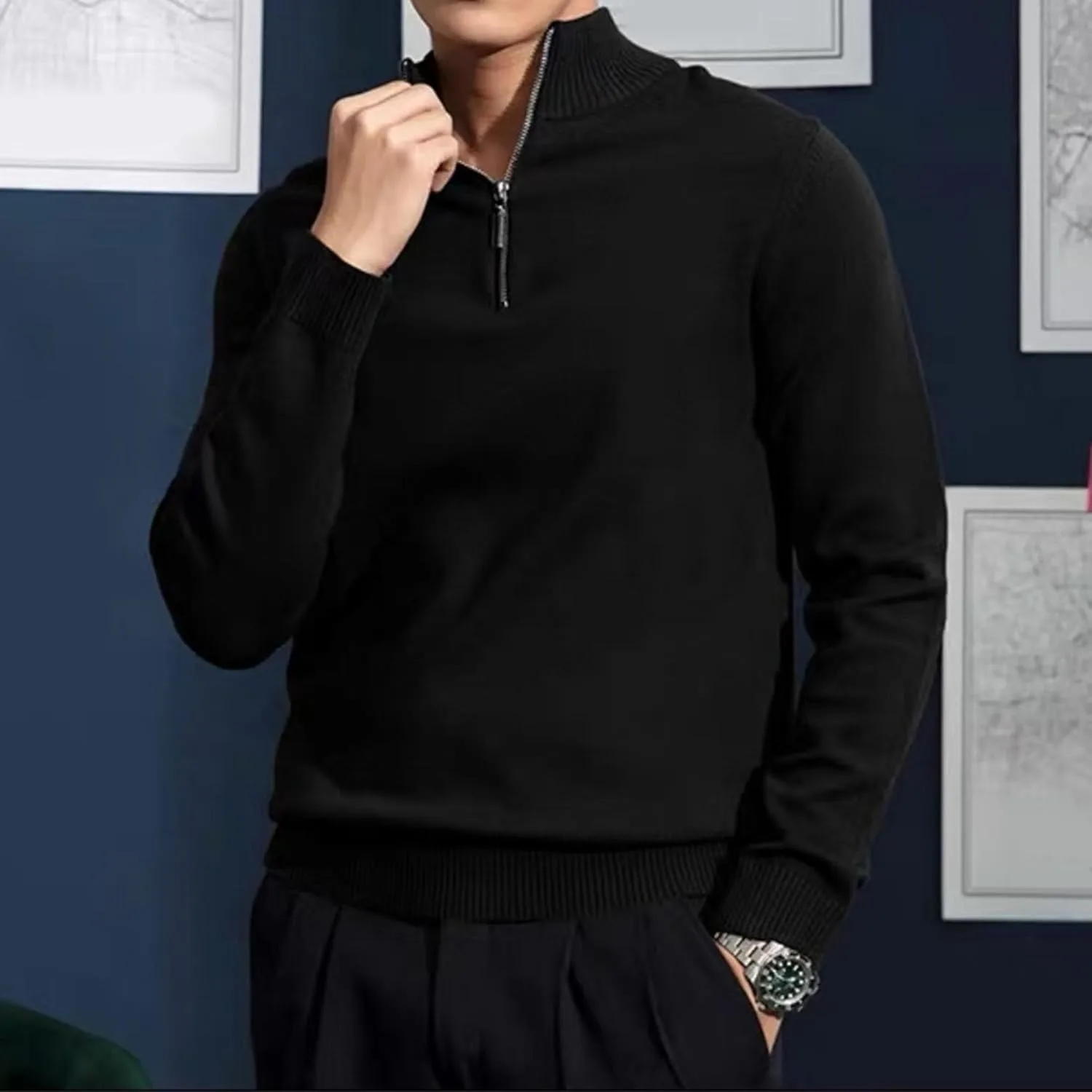 Мужской свитер с воротником стойкой и молнией до середины Slim Fit — фото 3