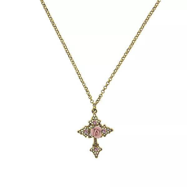 

Ожерелье из розового хрусталя золотистого оттенка с розовой розой и филигранным узором из фарфора, длина 16 дюймов, регулируемое 2028, pink