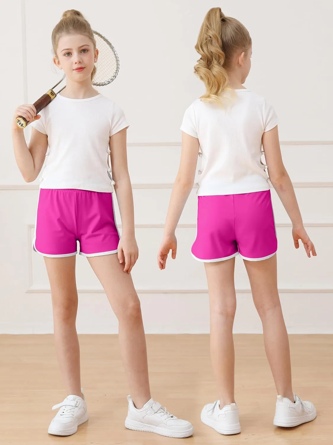 Resinta 4 Pack Girls Soccer Shorts Toddler Girls Athletic Shorts Quick Dry Workout Dolphin Kids Active Shorts, Black, Gray, Purple, Hot Pink — фото 2