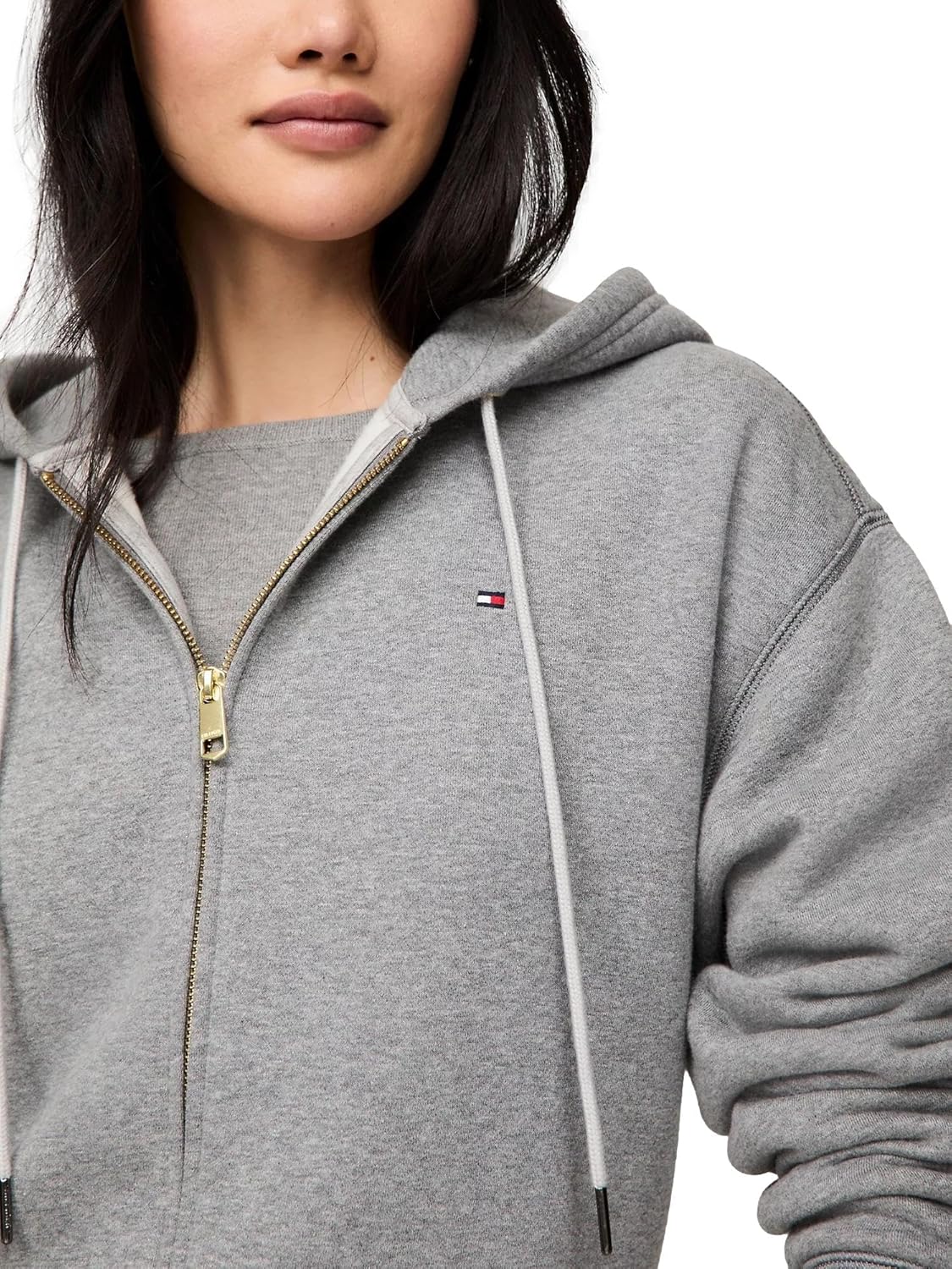 Женская толстовка свободного кроя с капюшоном на молнии TOMMY HILFIGER, коллекция 2024, размер M, черный, Grey Heather. — фото 3