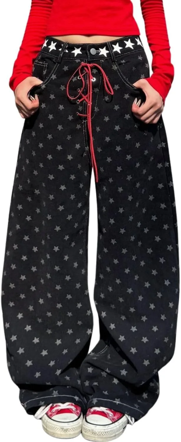 

Женские джинсы Y2K с широкими штанинами и звездным принтом chouyatou