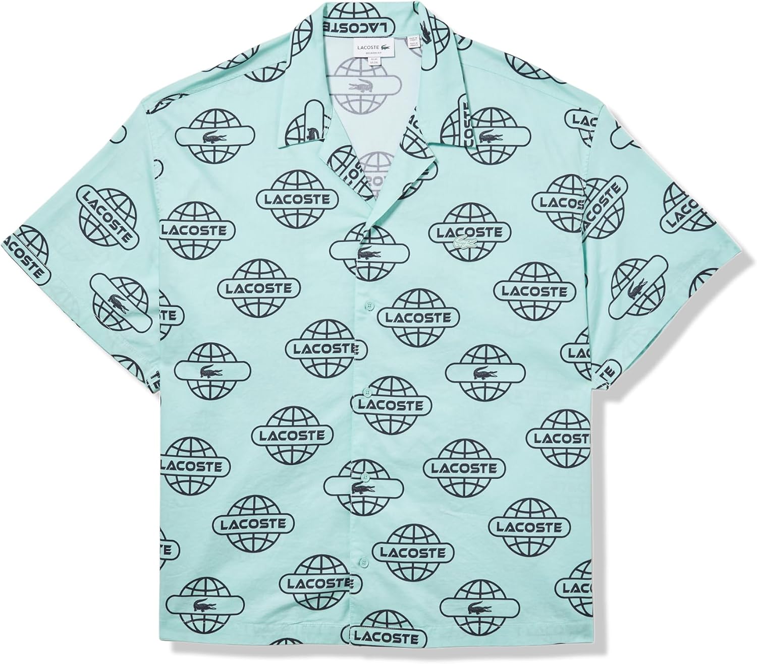 

Lacoste мужская короткая рукав печатная глобус рубашка на пуговицах, Pastille Mint/Black
