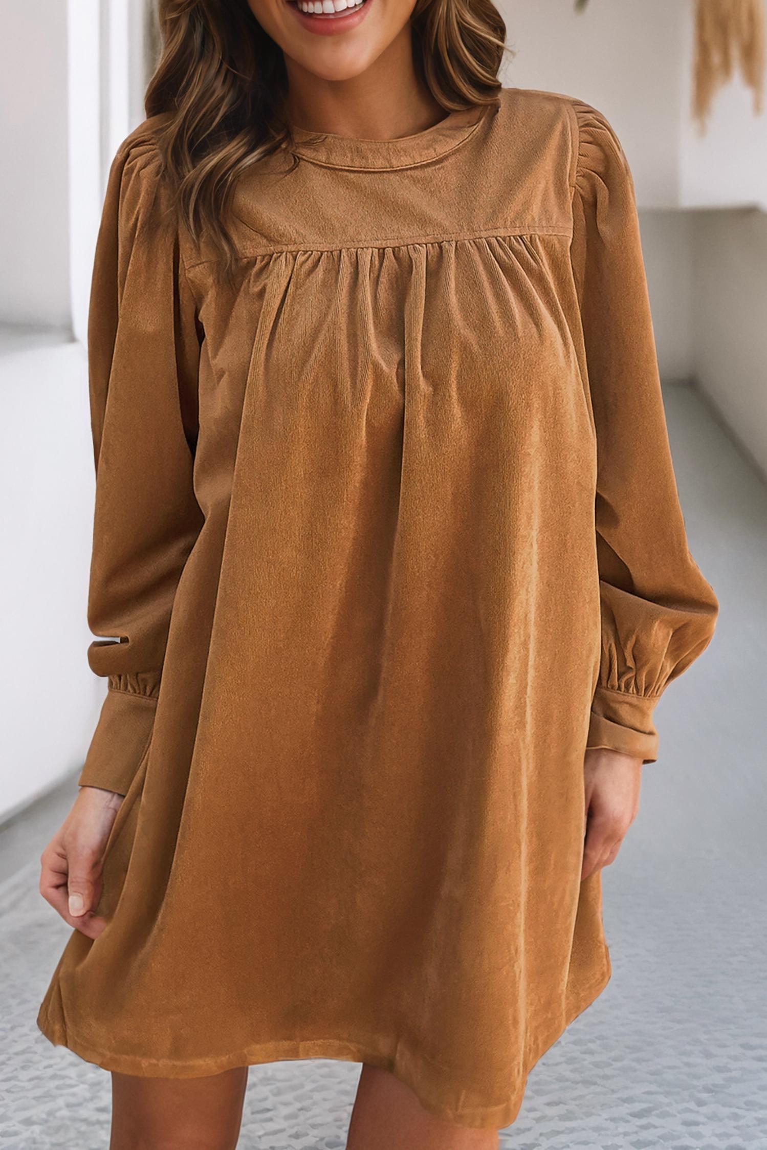 

Коричневый плиссированный платье-сарафан с пышными рукавами Little Daisy Closet