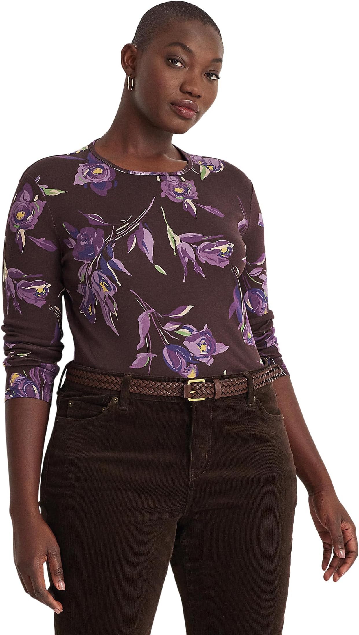 

Футболка Lauren Ralph Lauren Plus Size Floral Cotton Long Sleeve Tee, цвет Brown/Purple/Multi