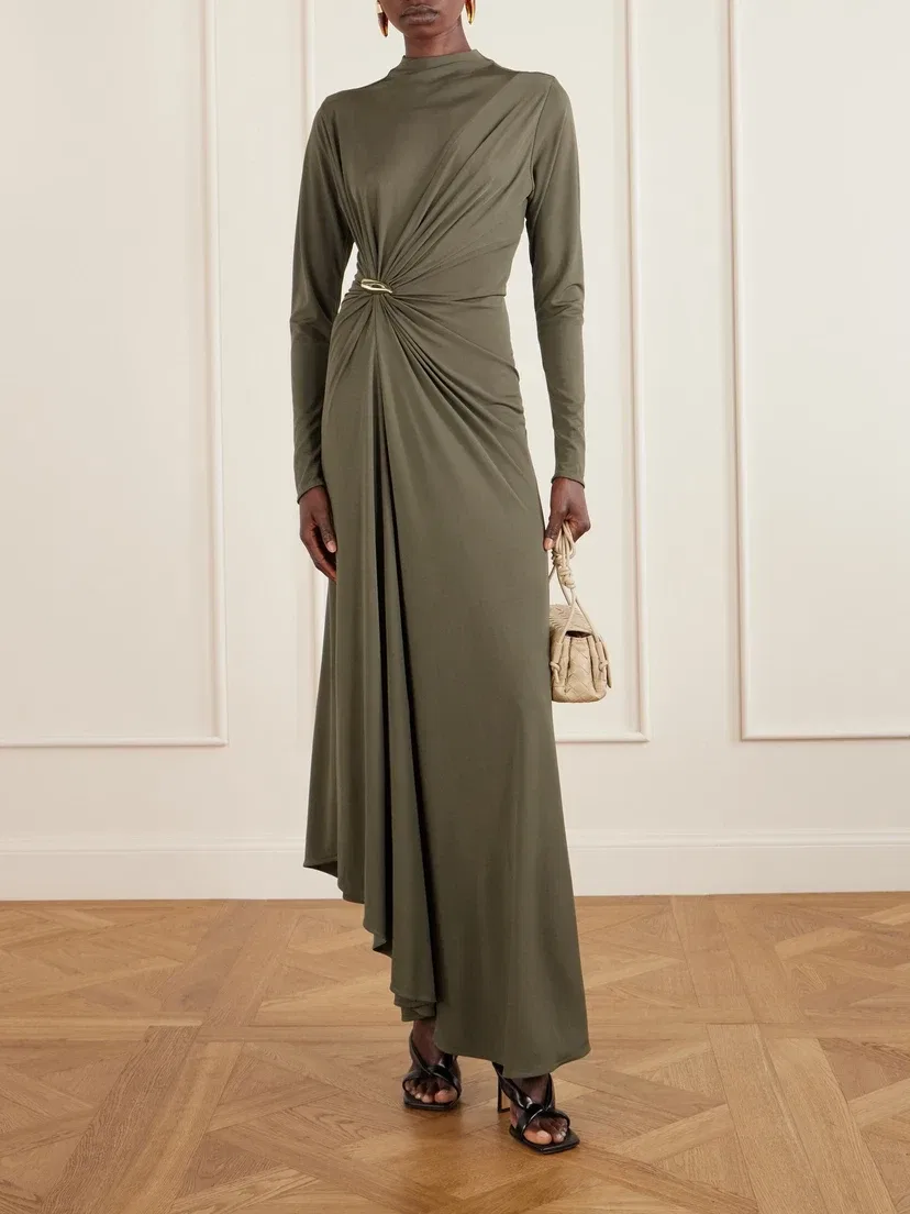 Асимметричное макси-платье из джерси с драпировкой и вышивкой BOTTEGA VENETA, бирюзовый — фото 2
