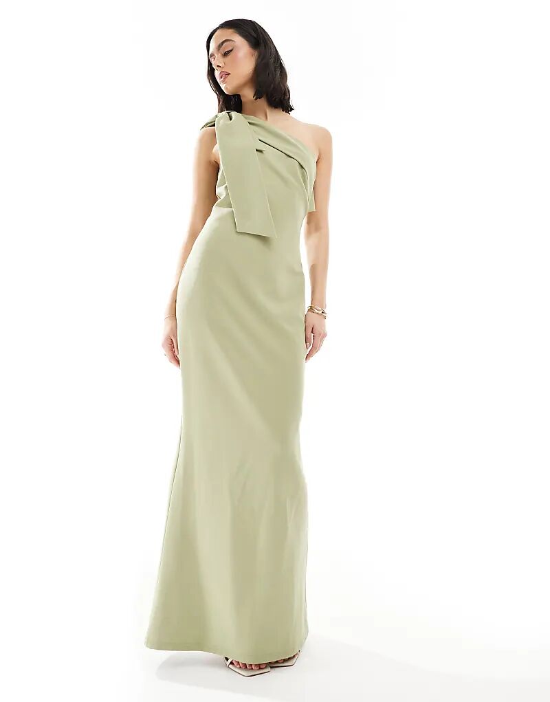 

Платье макси-платье подружки невесты Pretty Lavish Bridesmaid из крепа на одно плечо с бантом оливкового цвета
