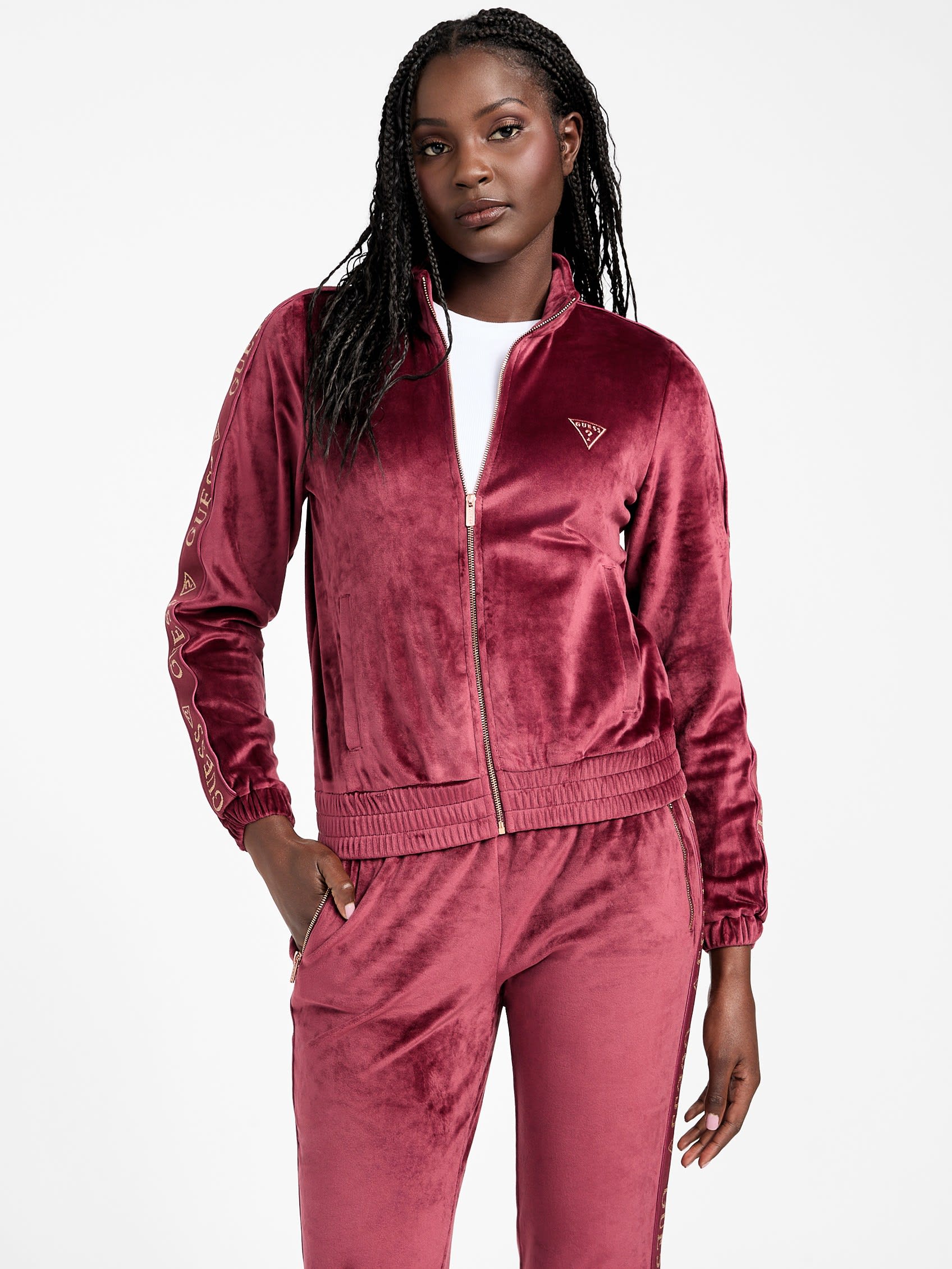 

Велюровая куртка с логотипом и лентой Eco Janess Guess Factory, цвет mystic wine