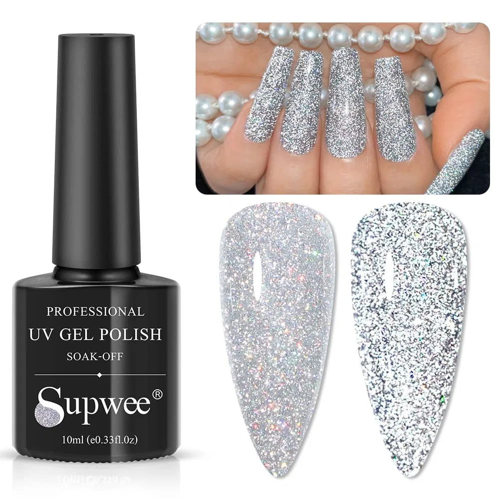 Светоотражающий гель-лак для ногтей «Silver Reflective Glitter» от Supwee Supwee, Glitter Nail Polish-001