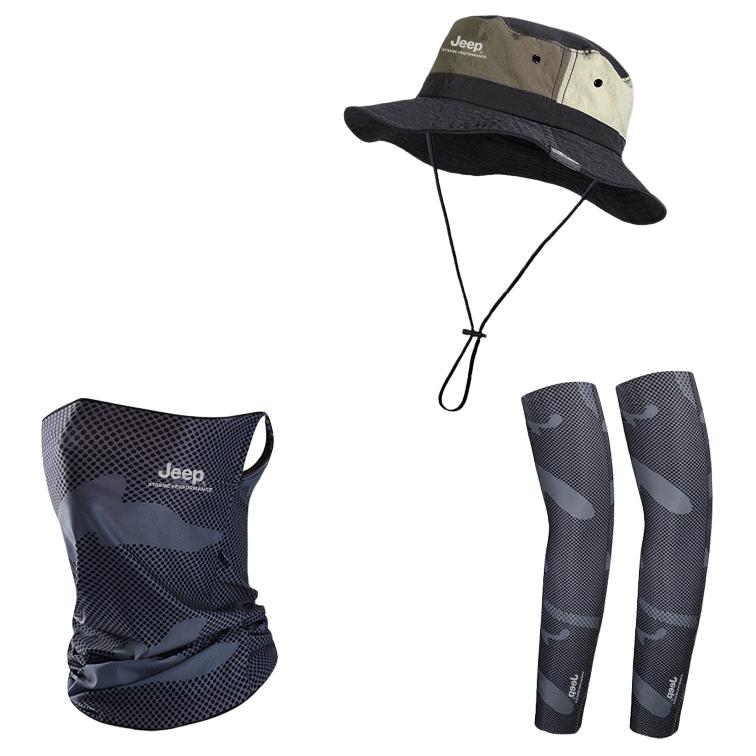 

Jeep Полиамидная панама унисекс, Black Three-Piece Set (Hats & Caps+Camouflage Dark Gray Ear-over Face Mask+Cooling Arm Sleeves)