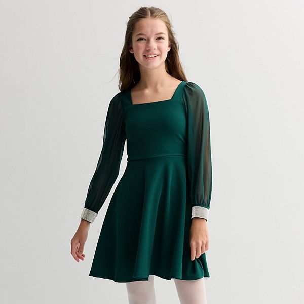 

Платье с сетчатыми рукавами Girls 7-16 scuba crepe в размерах regular и plus Speechless, Green