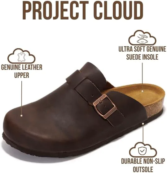 Мужские сабо Project Cloud - 100% натуральная кожа полного зерна, с мягкой подошвой из памяти формы и поддержкой свода стопы, натуральная пробковая стелька - нескользящие домашние тапочки для мужчин (Бруклин)