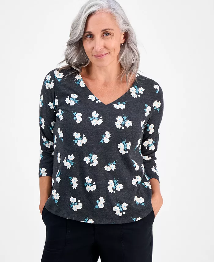

Футболка Petite Chintz Floral с V-образным вырезом и рукавами 3/4 Style & Co, коричневый/бежевый