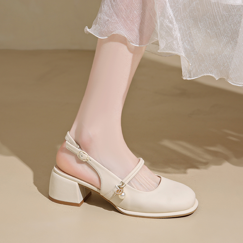 WUJI Женские туфли на массивном каблуке 5 см бежевые, цвет Beige — фото 4