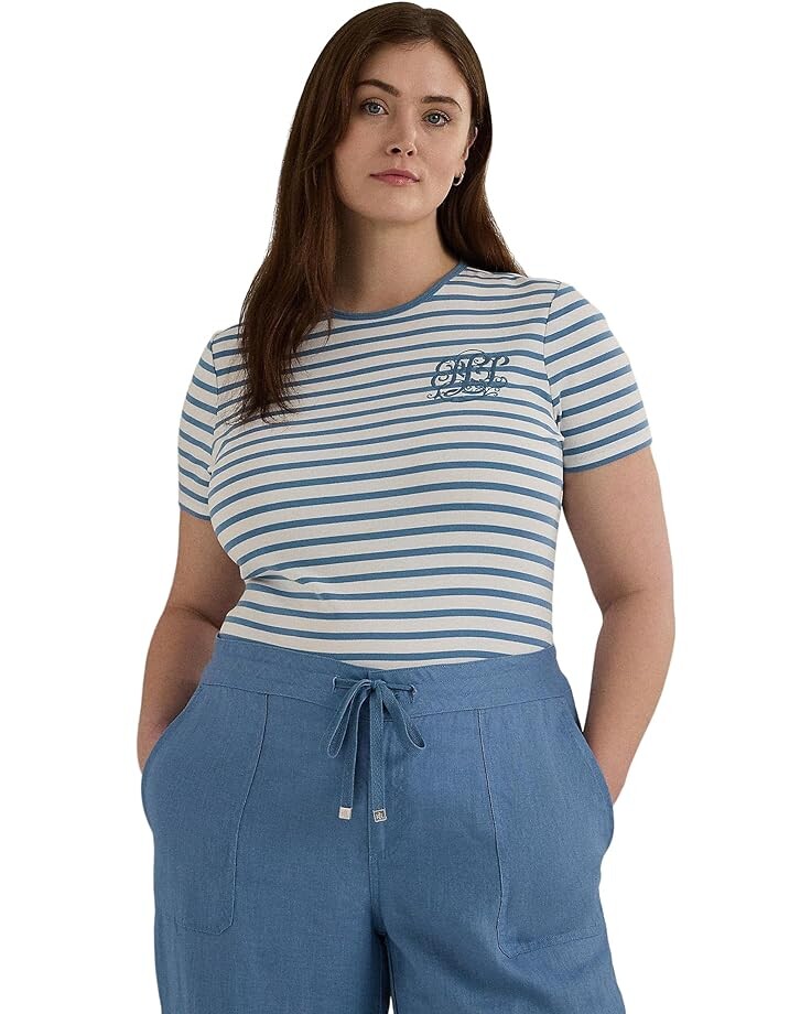 

Футболка LAUREN Ralph Lauren Plus-Size Striped Stretch Cotton Crewneck, цвет White/Pale Azure