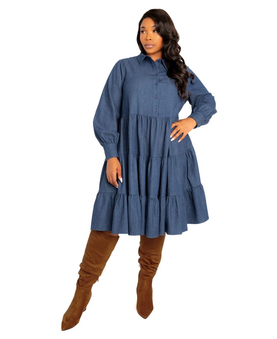 

Платье-рубашка с длинными рукавами из денима больших размеров Buxom Couture, Denim blue