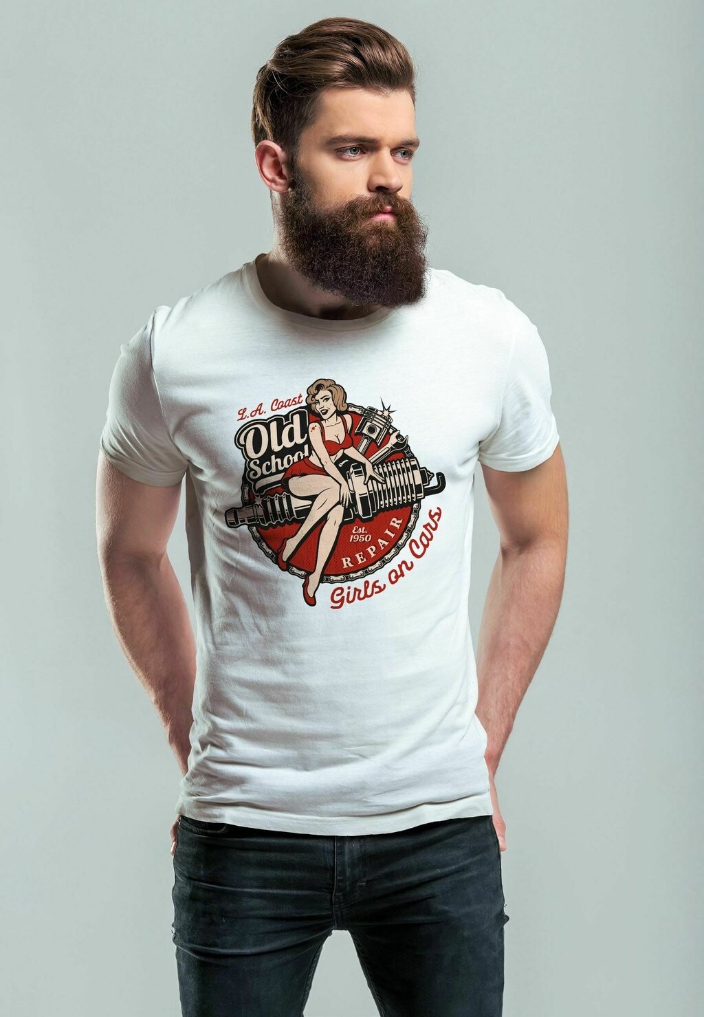 

Футболка с принтом ON CARS RETRO VINTAGE PRINT PIN UP LOG Neverless, цвет weiß