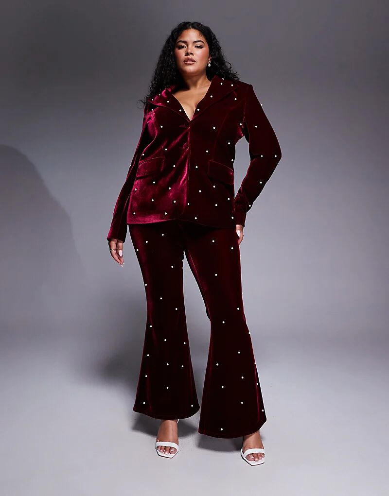 

Классические брюки ASOS LUXE Curve с жемчужной отделкой бордового цвета