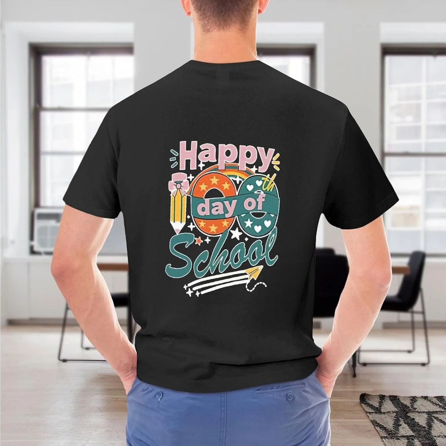 Футболка Funny Happy 100 Days of School, винтажная, мягкая, дышащая, классическая, в стиле Bath, модная, для мужчин Generic, черный — фото 2