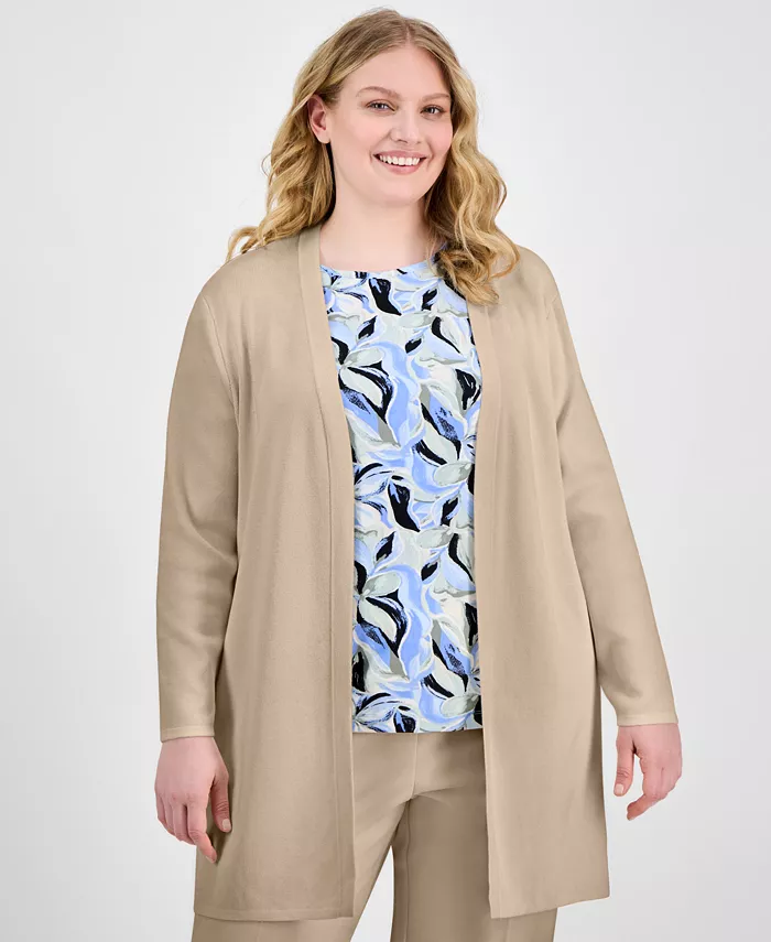 

Кардиган с открытой полочкой, длинными рукавами и разрезами по бокам Plus Size AK Anne Klein, коричневый/бежевый