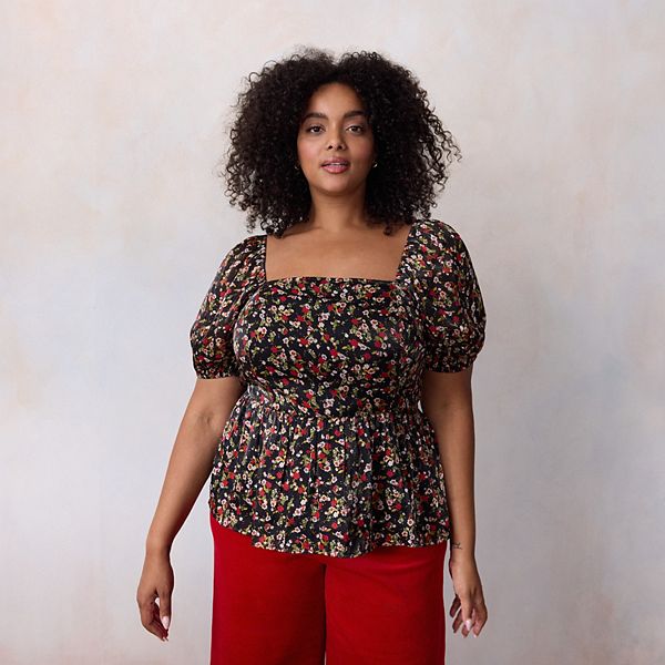 

Топ с пышными рукавами и баской Plus size Lc Lauren Conrad, Black Harvest Sprinkle