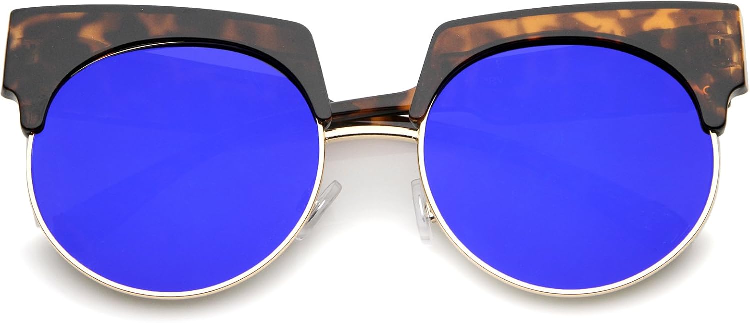 

Солнцезащитные очки zeroUV с широкими дужками, цветными зеркальными круглыми линзами, полуободковой оправой в форме «кошачий глаз», диаметр линз 57 мм, Tortoise-gold / Blue Mirror