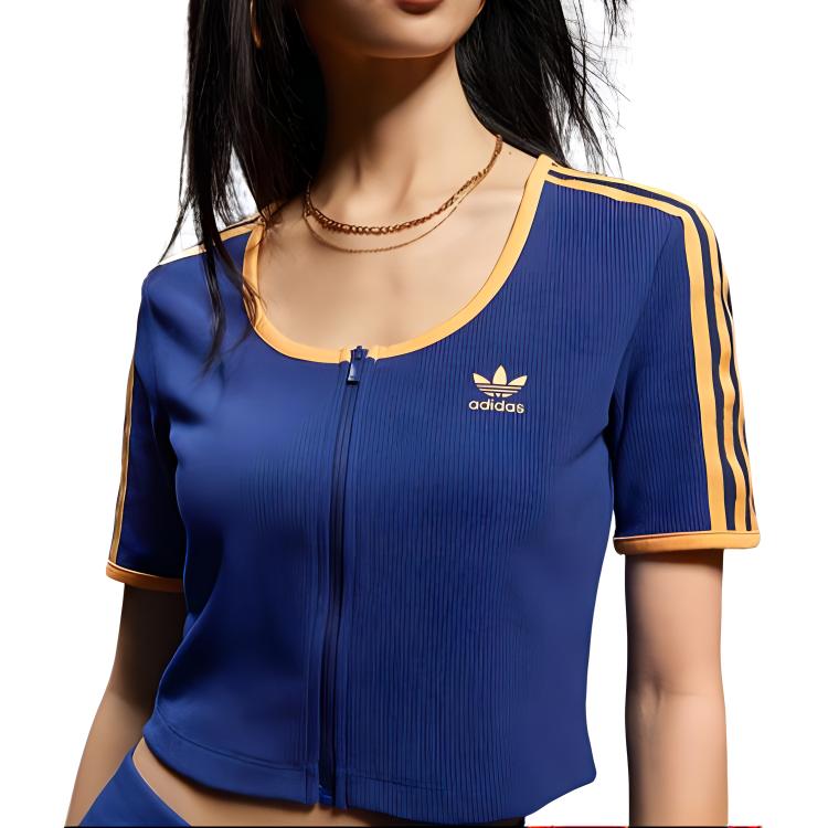 Adidas Originals Полузиповая ребристая футболка с коротким рукавом Синяя, Тёмно-синий — фото 3