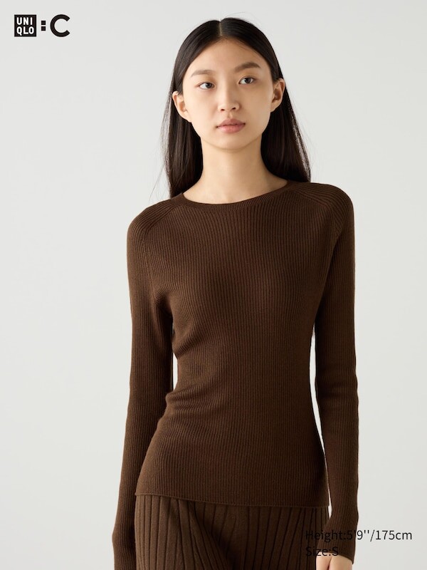 

Джемпер в рубчик 3d-вязки из смеси мериноса Uniqlo, коричневый