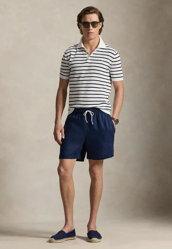 Полосатый свитер-поло из хлопка и льна с воротником-стойкой, рубашка-поло Polo Ralph Lauren, Deckwash White Combo — фото 2