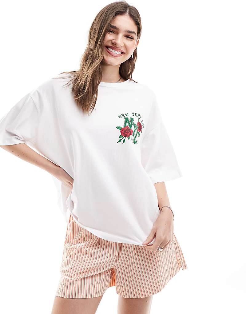

Белая оверсайз-футболка ASOS DESIGN с изображением розы NYC