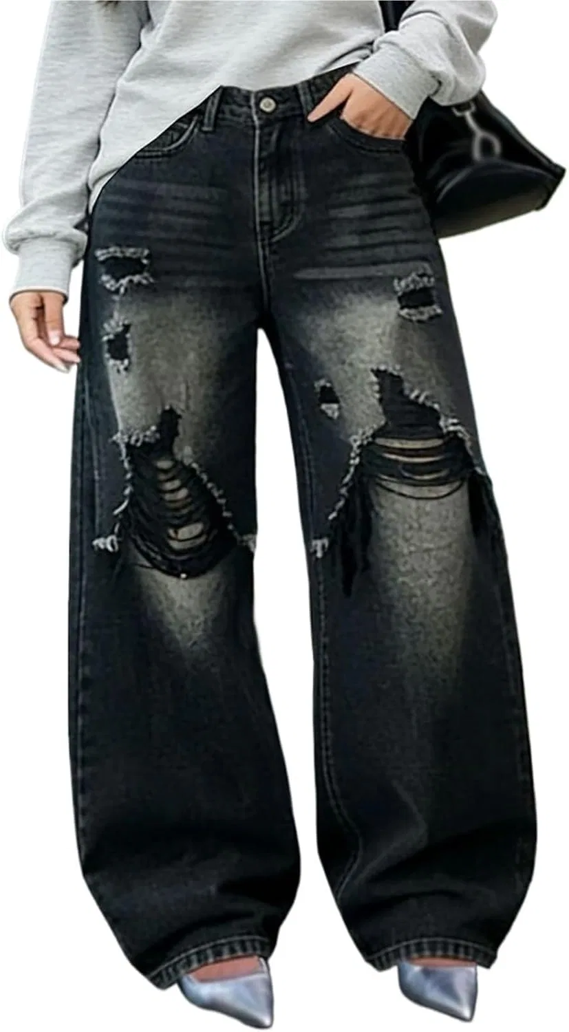 Джинсы прямые с высокой посадкой, Casual Baggy Denim Pants, Black
