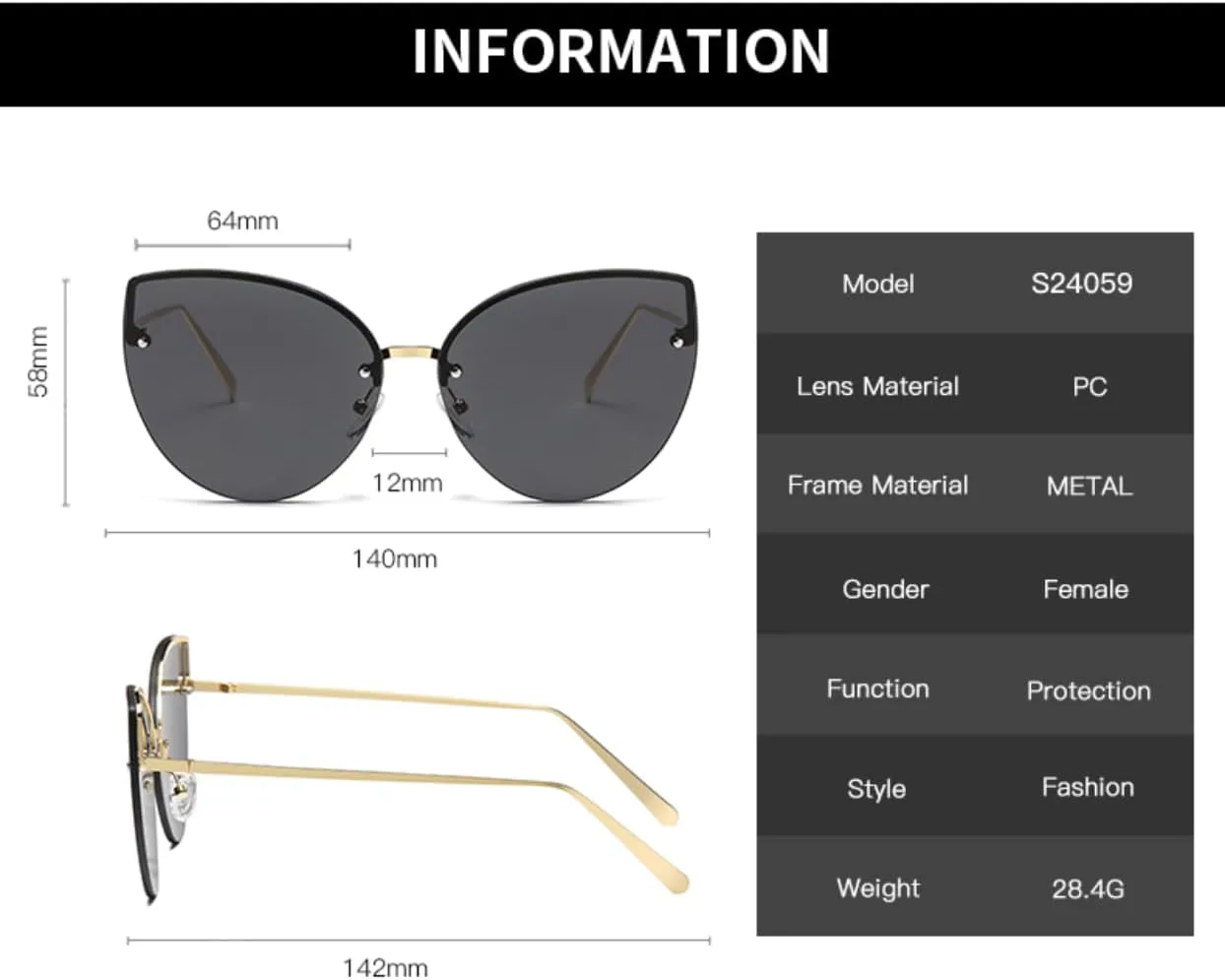 

Винтажные солнцезащитные очки «кошачий глаз» без оправы, металлические линзы, градиентная защита от УФ-излучения UV400, для летних путешествий VVTWSSW, Black