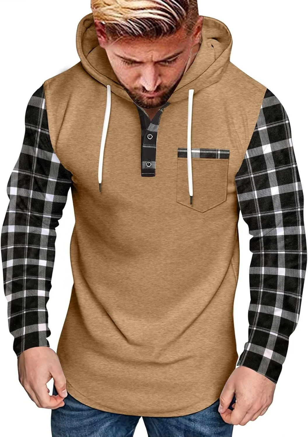 

Мужской худи в клетку с кнопками и регланными рукавами RSZGSWS