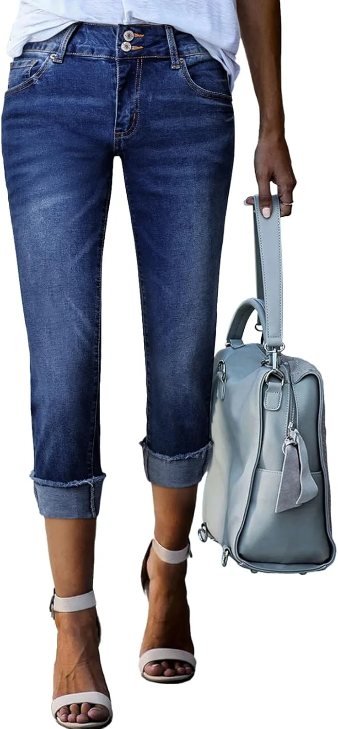 

Sidefeel Women's Capri Jeans High Waisted Stretchy Roll-up Skinny Cuffed Cropped Zimbaplatinum Summer Capri Pants