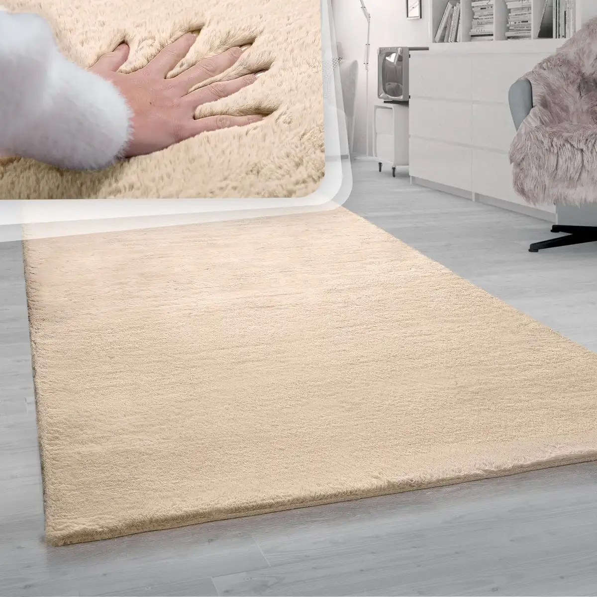 

Меховой ковер Paco Home "Rabbit 780", овальный, искусственный мех, ощущение кроличьего меха, настоящий приятный ковер, однотонные цвета 180х200 см, цвет sand