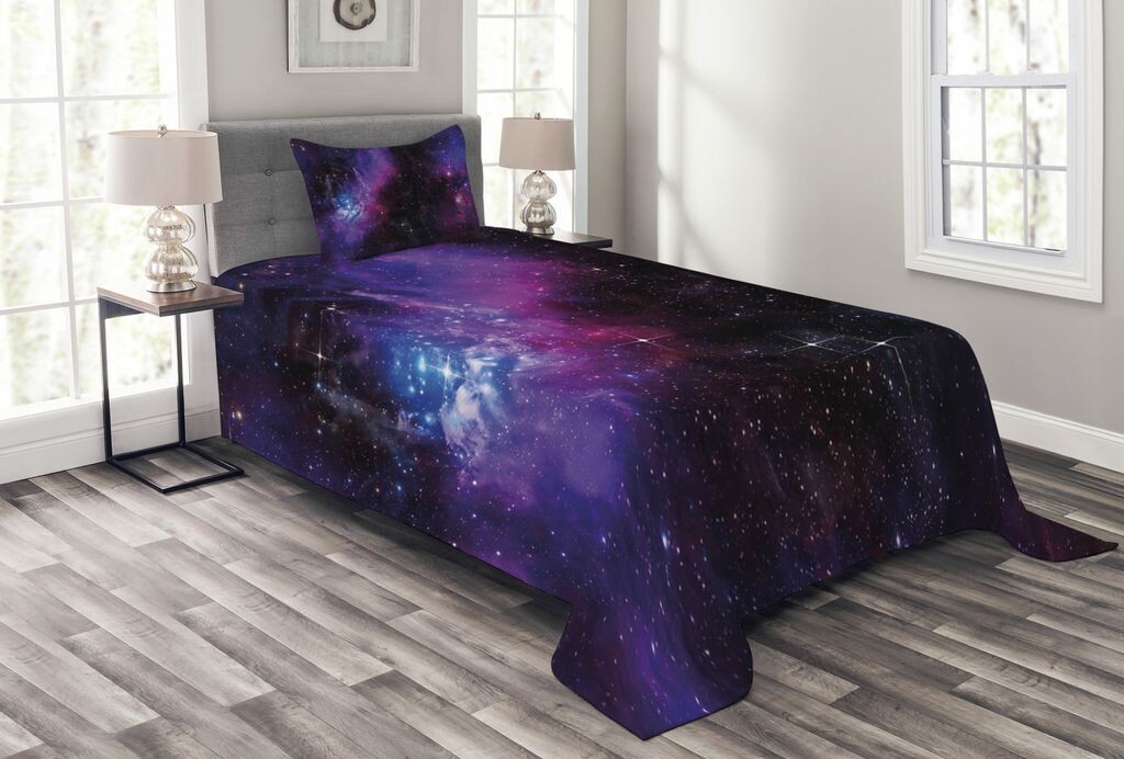 

Комплект покрывала ABAKUHAUS Space, Nebula Dark Galaxy Stars, комплект с моющимися наволочками, для односпальных кроватей 170 x 220 см, пурпурный синий