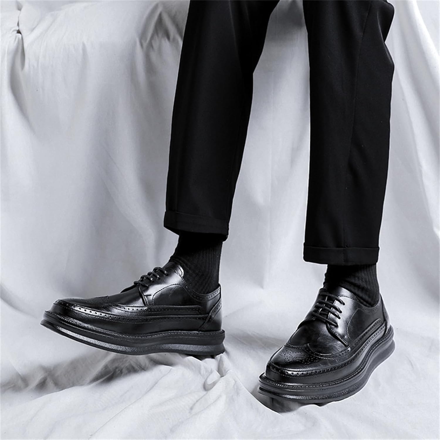 Мужские кожаные оксфорды с перфорацией Wingtip, дышащие, на шнуровке, с противоскользящей резиновой подошвой, ортопедическим комфортом для деловой одежды Jhfdioy, черный — фото 2