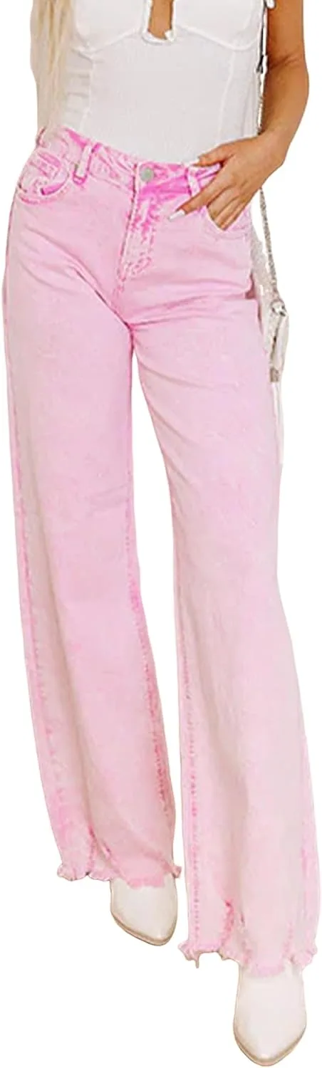 

Розовые джинсы для женщин acid wash с высокой талией и неровным краем Loricete