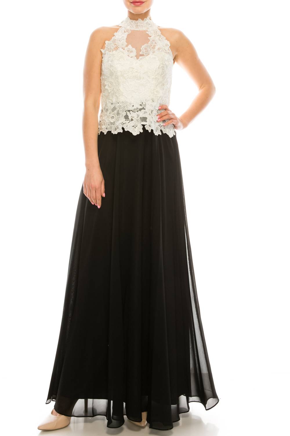 

Halter Floral Lace A-Line Contrast Dress In Black White Халтер платье с цветочным кружевом и контрастной отделкой A-силуэта в черно-белом цвете Decode 1.8