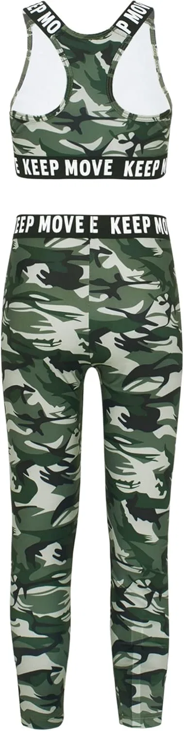 Детский спортивный костюм для девочек Mufeng, Camouflage Green, топ с вырезами и леггинсы — фото 2